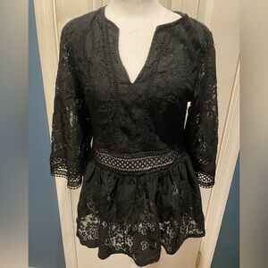Suzanne Betro Black Lace Peplum Blouse 3/4 Sleeve
